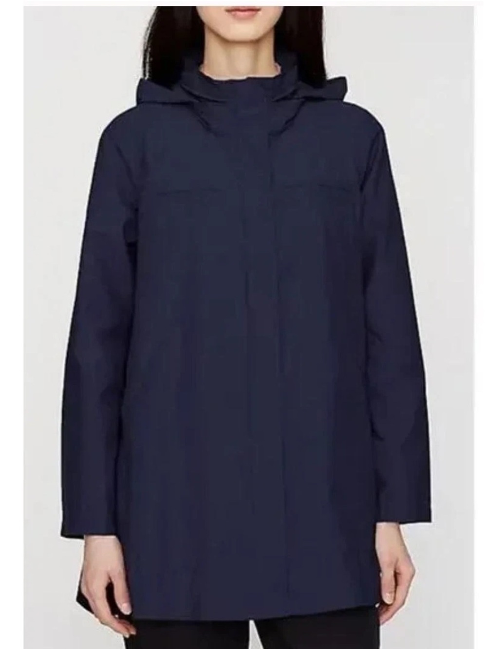 Eileen Fisher Navy Rain Jacket Full Zip Rollaway Hood Organic Cotton/Nylon Sz S